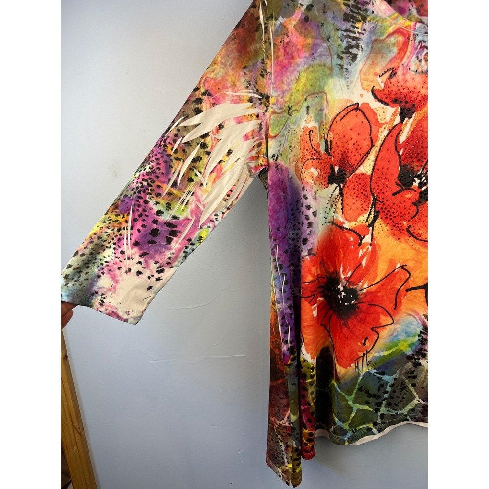 Jess & Jane Vibrant Floral Embellished Tunic Top Asymmetric Hem SzXL Artsy - Picture 2 of 6